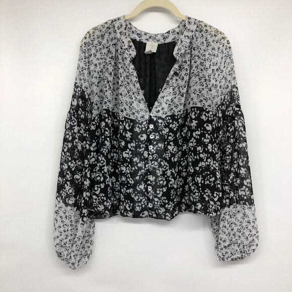 Joie Floral Print Caillie long sleeve Top Black White balloon sleeve Blouse M - Picture 14 of 15